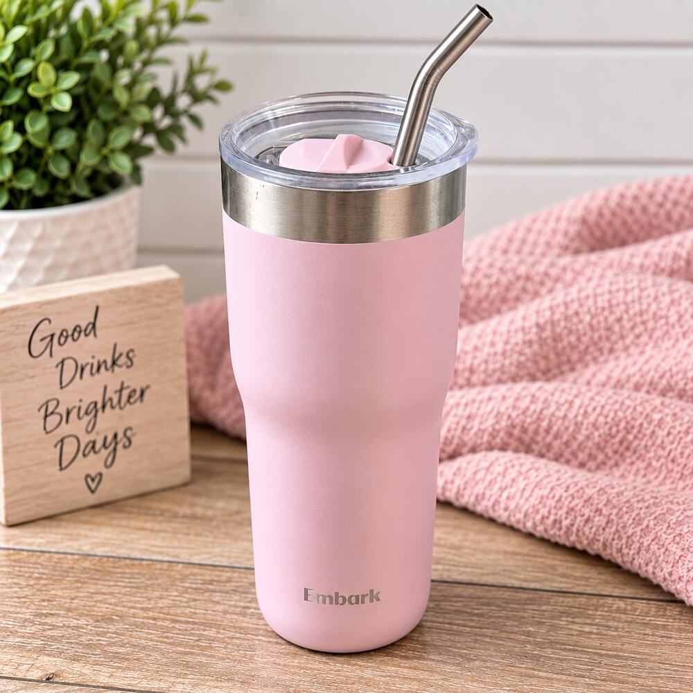 Embark Pink Insulated Travel Tumbler Cup with Lid & Metal Straw